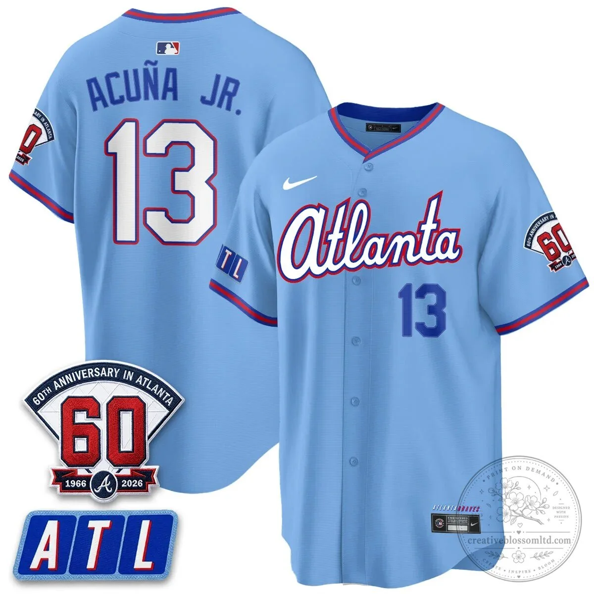 Atlanta Braves Ronald Acuna Jr. 60th Anniversary Baseball Jersey 76 Atlanta Braves Ronald Acuna Jr. 60th Anniversary Baseball Jersey