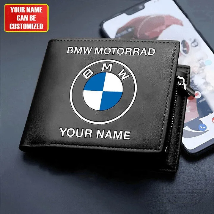 Personalized BMW Motorrad Black Leather Wallet with Zippered Coin Pocket