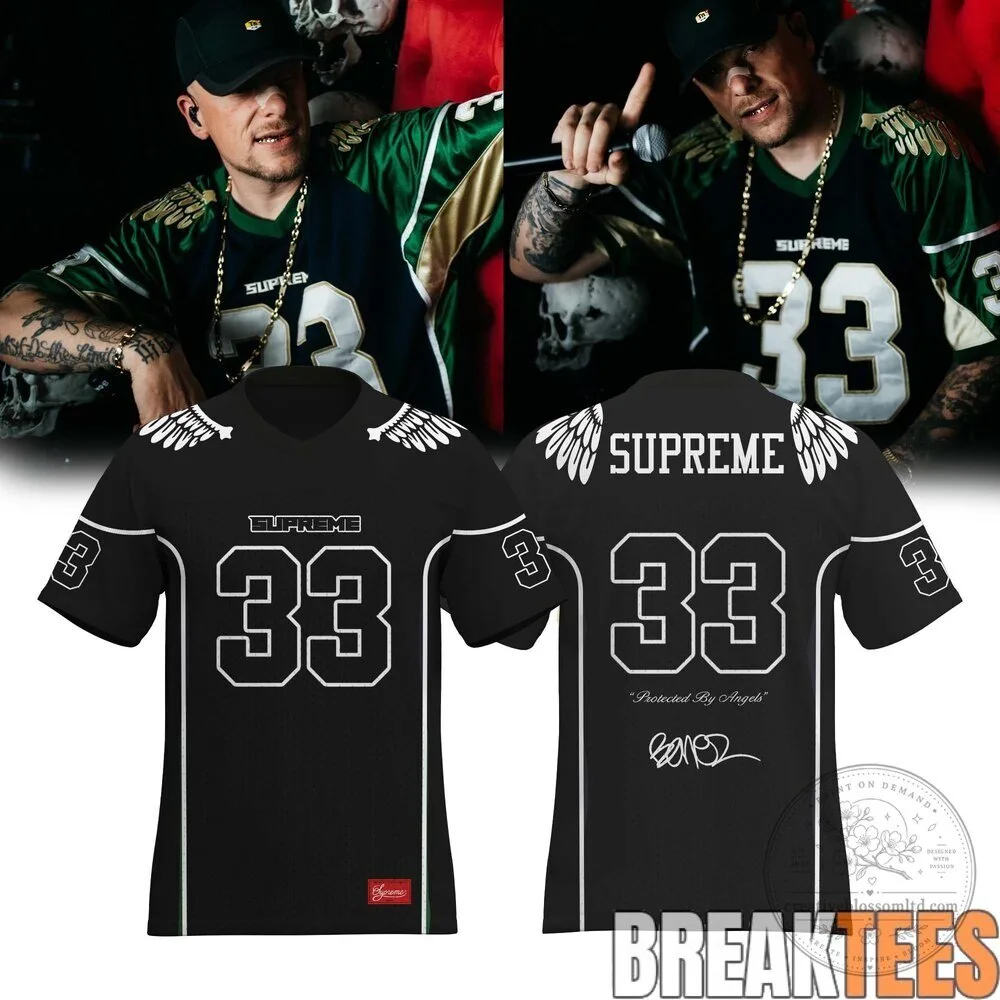 Supreme Protected By Angels Black and White Number 33 Football Jersey 1 Supreme Protected By Angels Black and White Number 33 Football Jersey