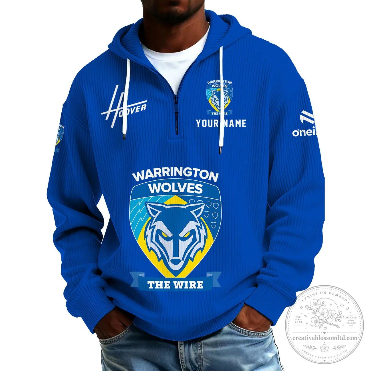 Warrington Wolves Rugby Team Blue Half-Zip Hoodie with Custom Name
