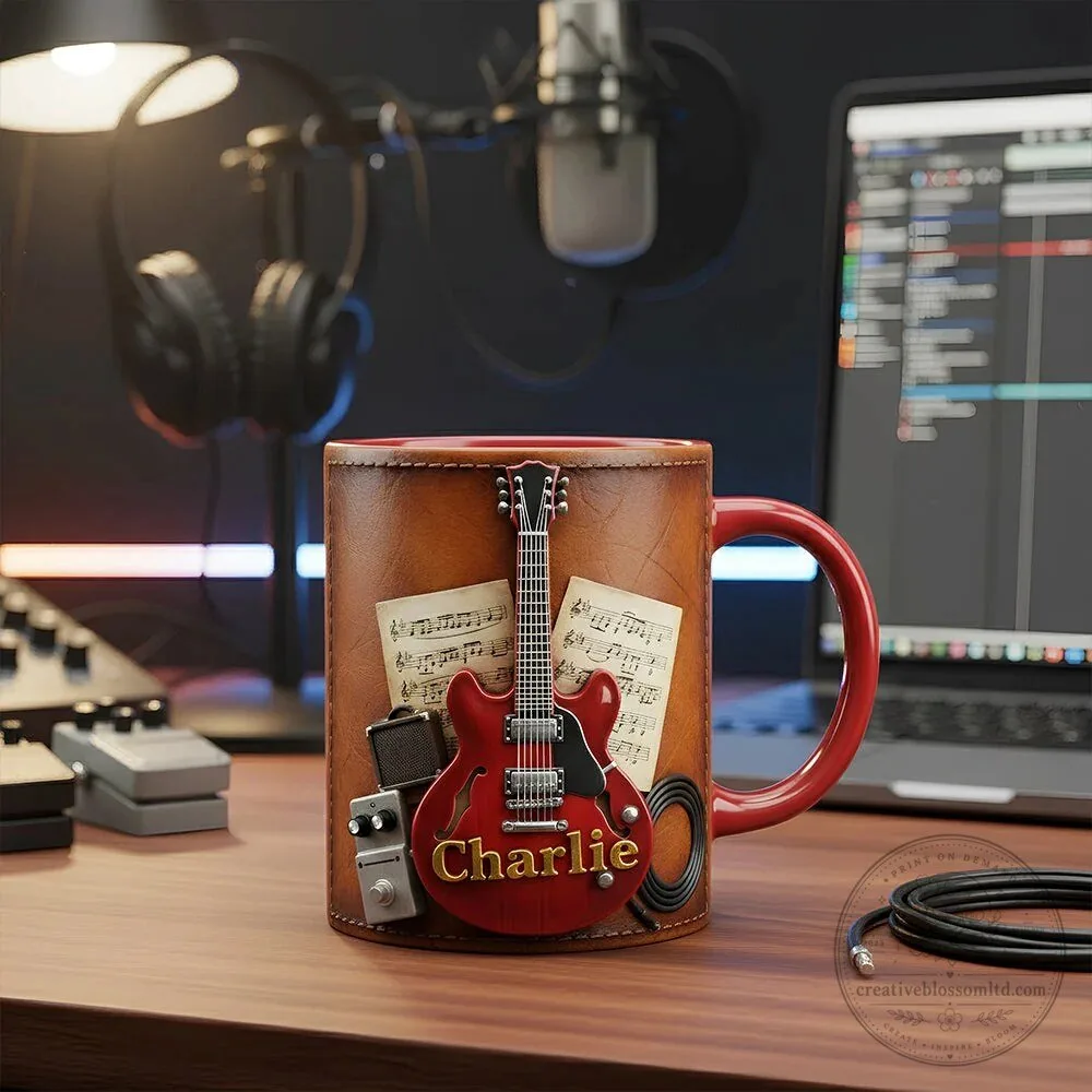 Personalized Guitar Music Lover Red Mug with Custom Name for Musicians