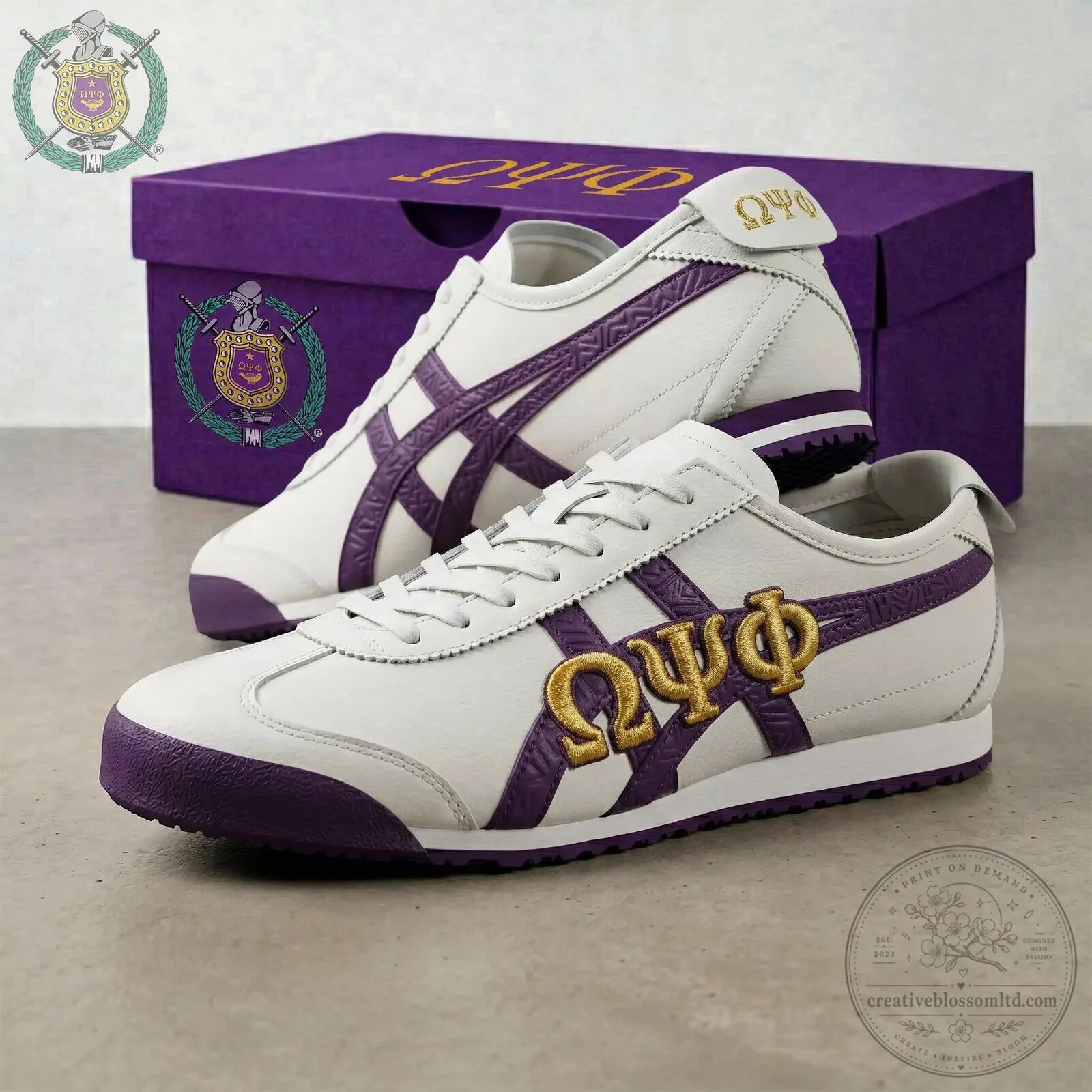 Omega Psi Phi Fraternity White and Purple Athletic Sneakers Shoes
