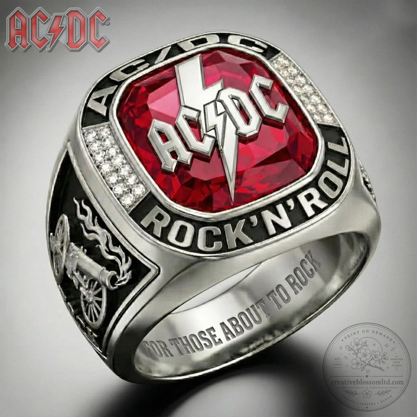 ACDC Rock N Roll Cannon Red Gemstone Silver Ring