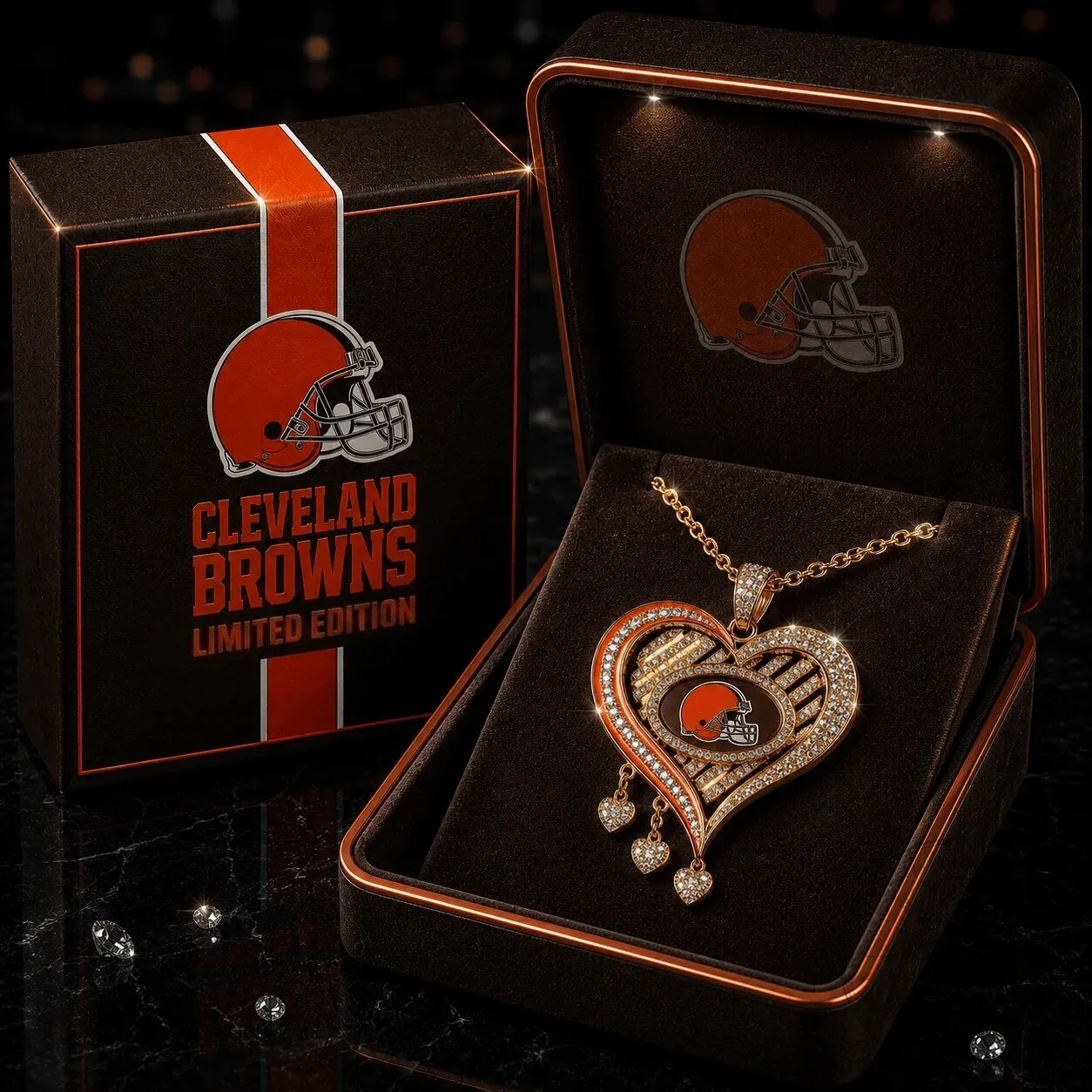 Cleveland Browns Heart Shaped Pendant Necklace with Diamond Accents