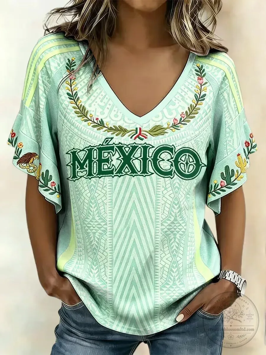 Mexico Soccer Floral Embroidered V-Neck Women's T-Shirt