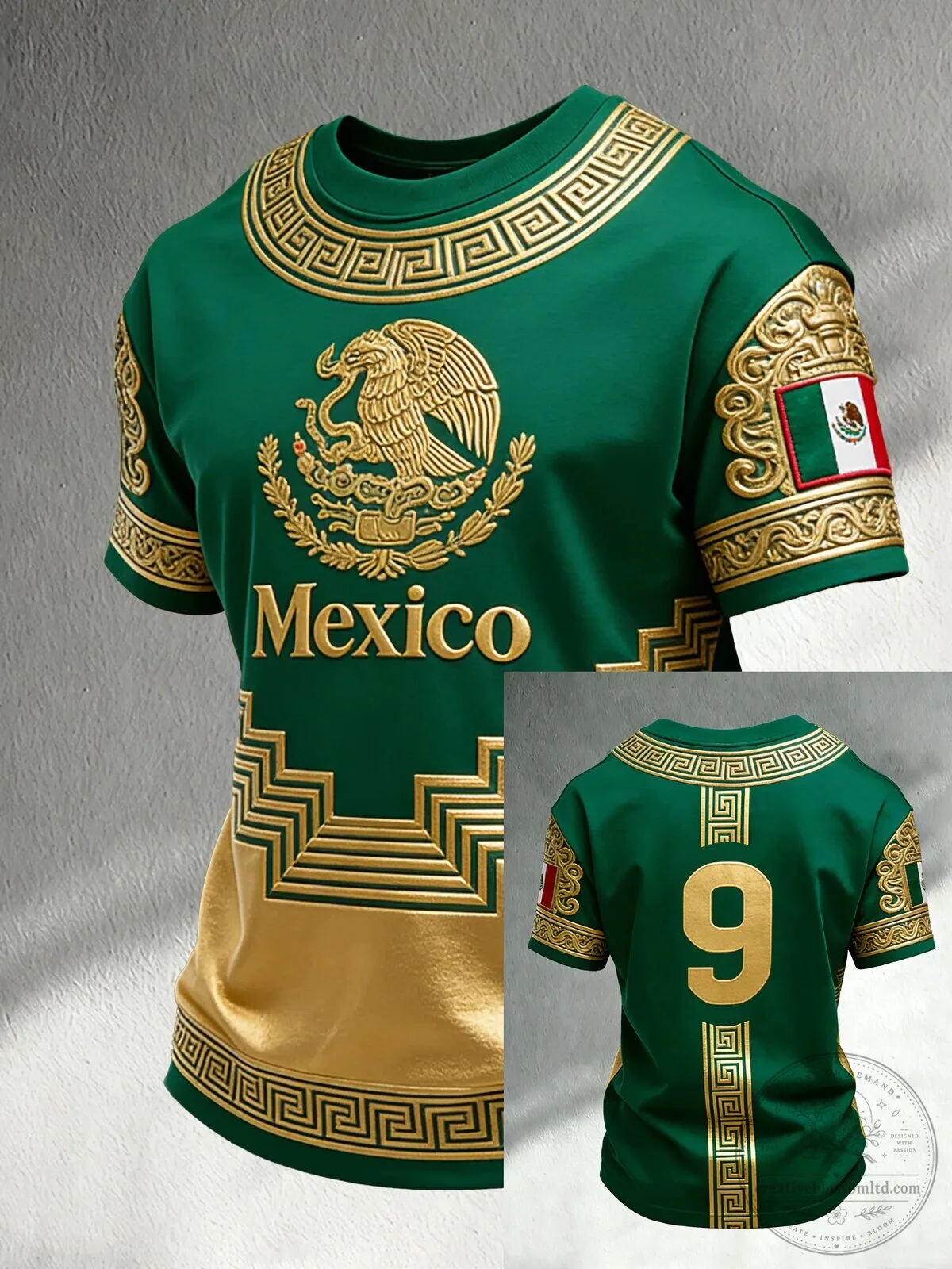 Mexico Soccer Team Green and Gold Aztec Print Jersey Number 9