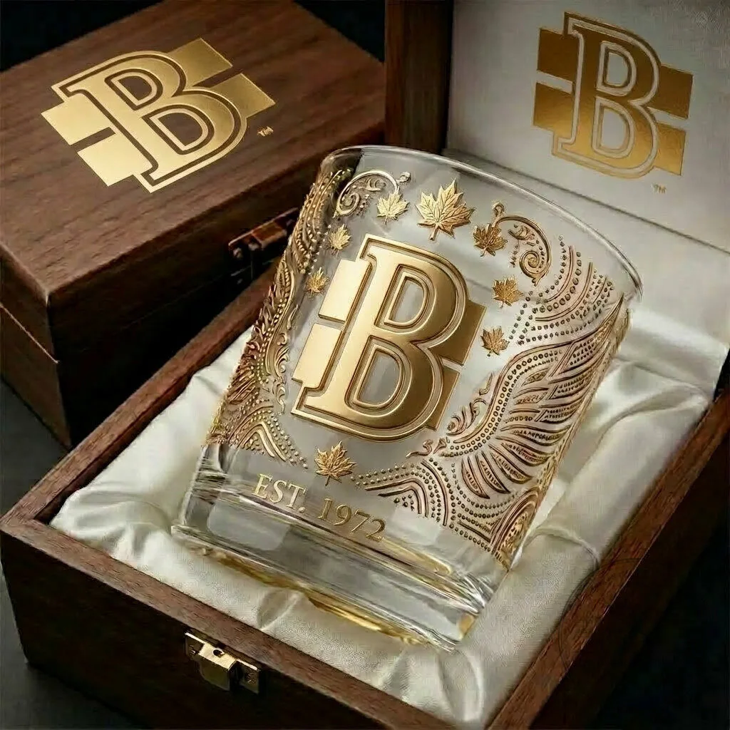 Belleville Senators Gold Tribal Pattern Whiskey Glass with Wooden Gift Box