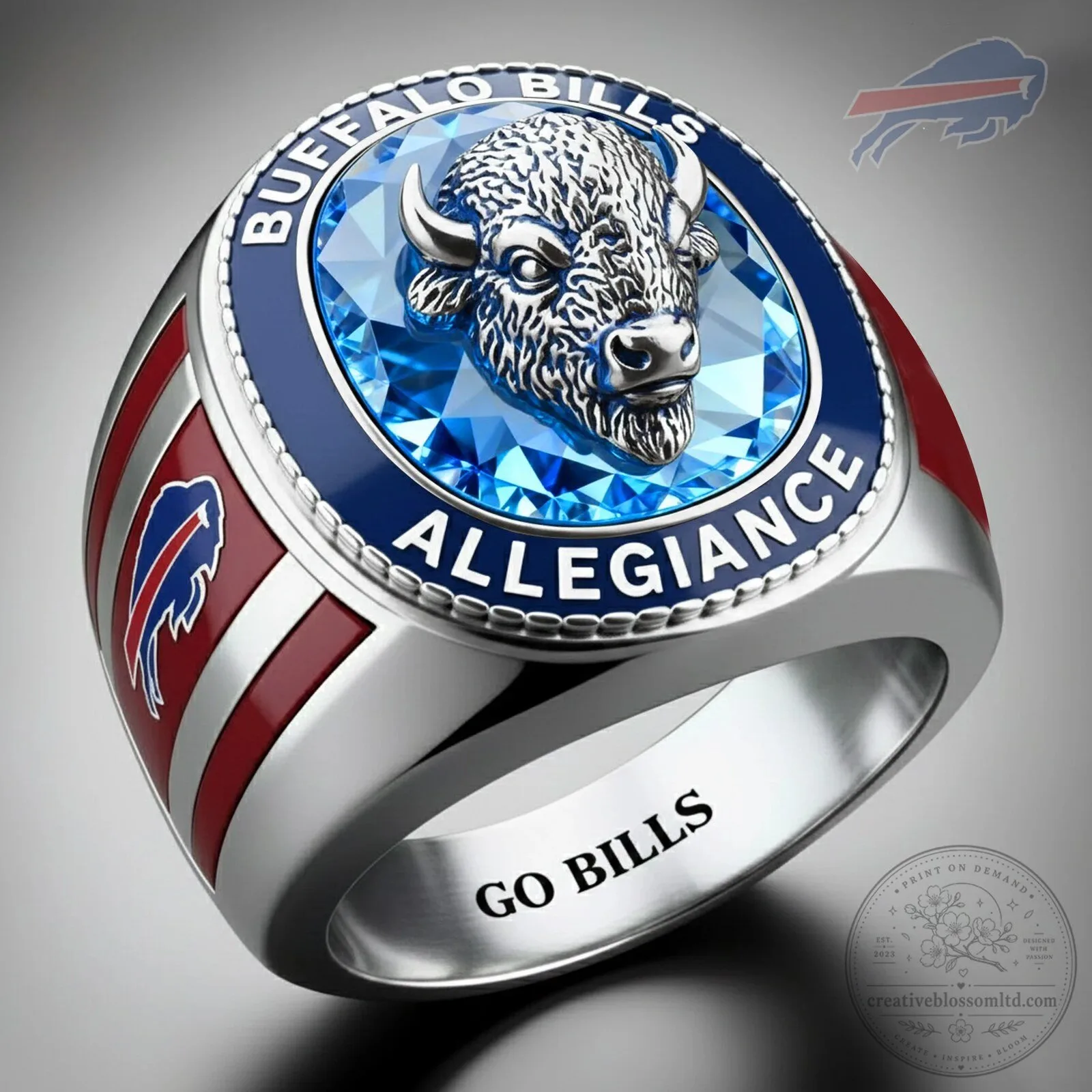Buffalo Bills Allegiance Football Team NFL Blue Gemstone Silver Ring