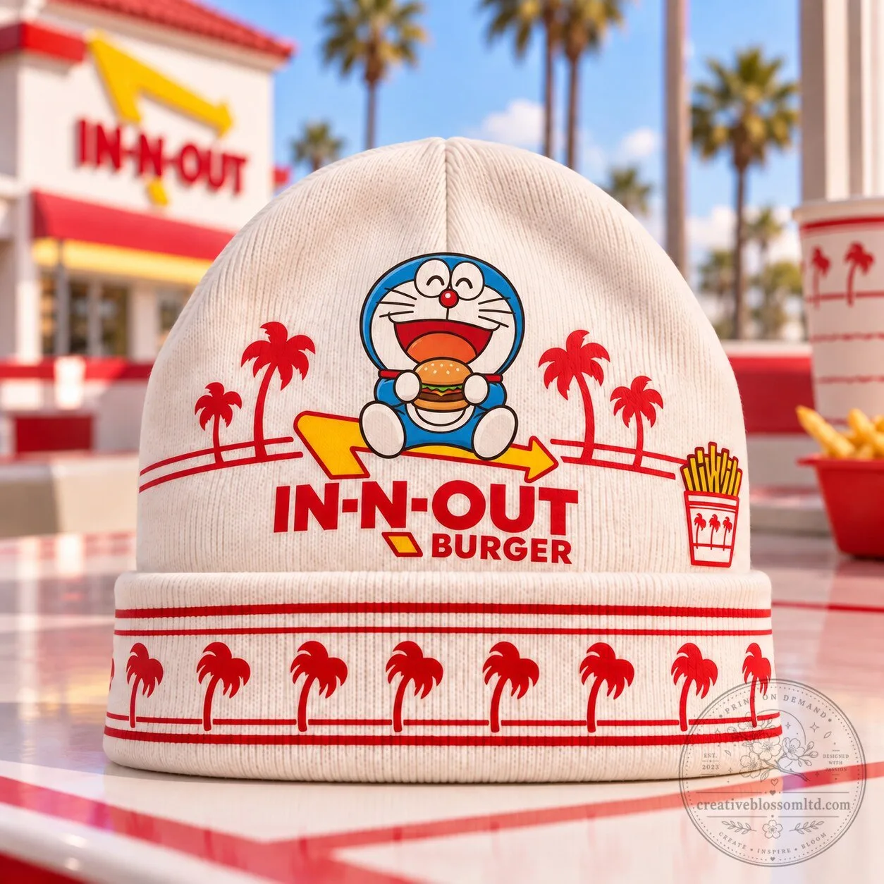 Doraemon In-N-Out Burger Fast Food Palm Tree Beanie Hat