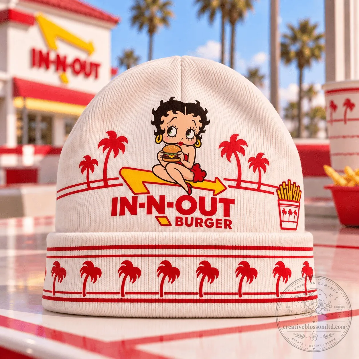 Betty Boop In-N-Out Burger Palm Tree Pattern White Beanie Hat