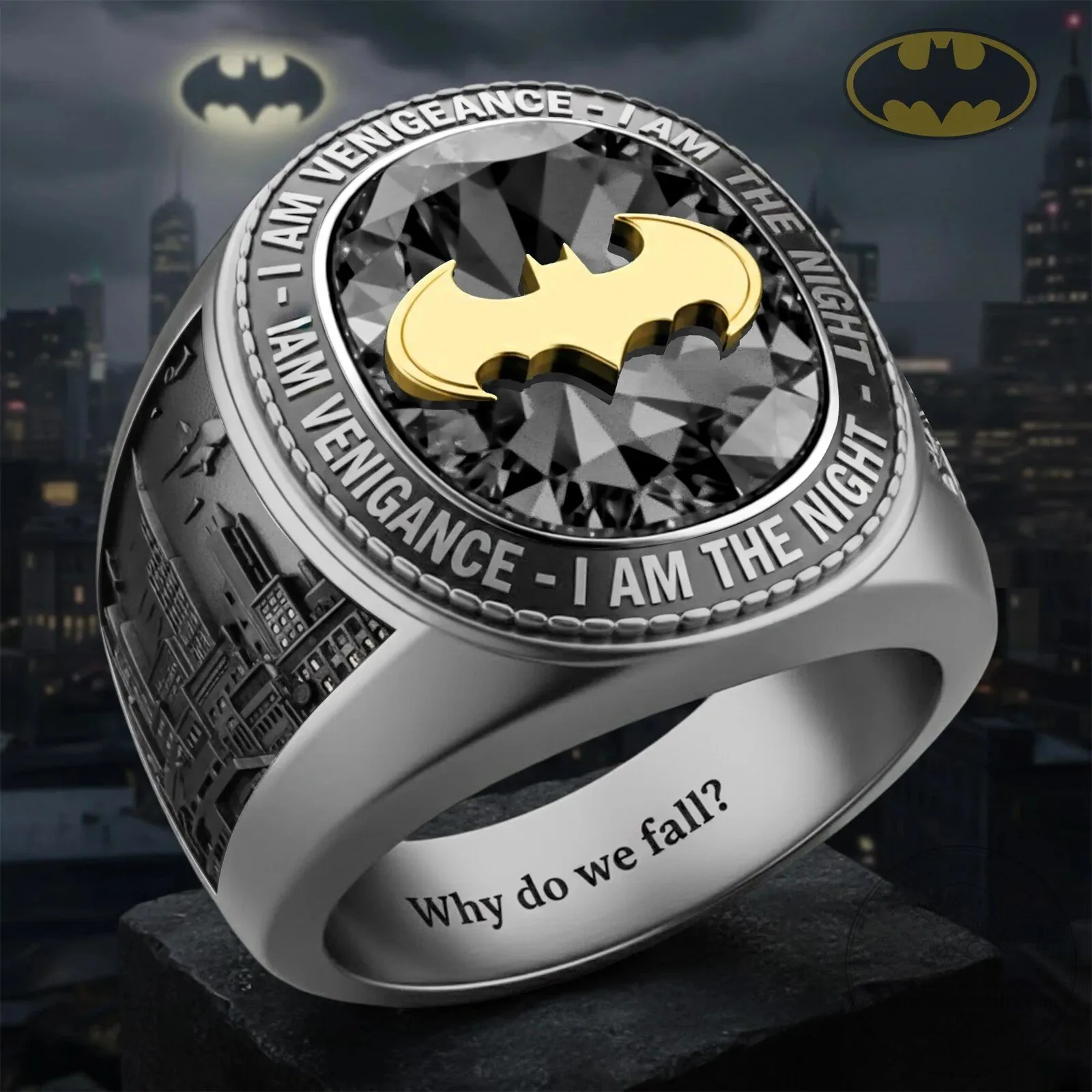 Batman I Am Vengeance I Am The Night Gold Bat Signal Men's Ring