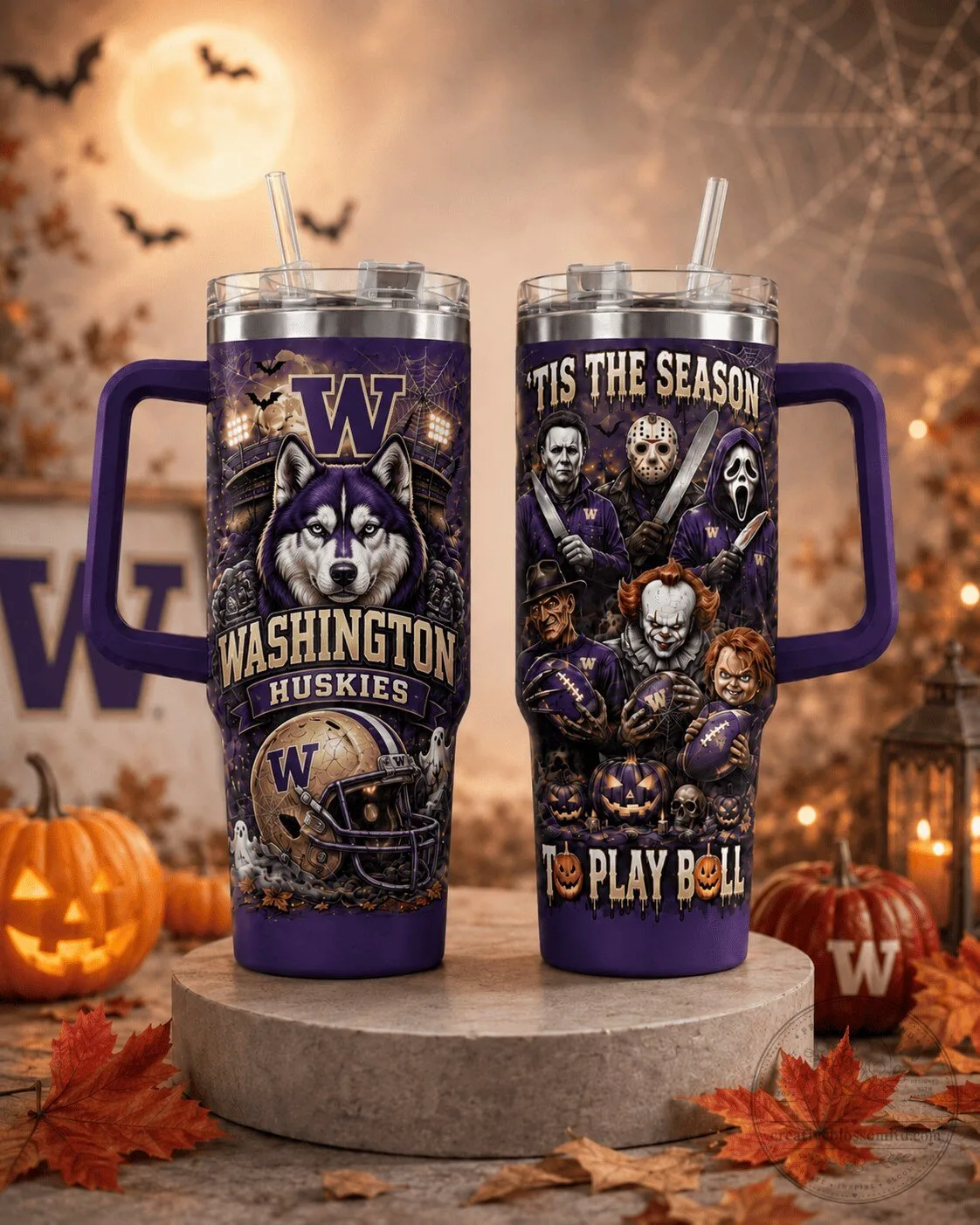 Washington Huskies Halloween Horror Slashers Stainless Steel Tumbler with Handle