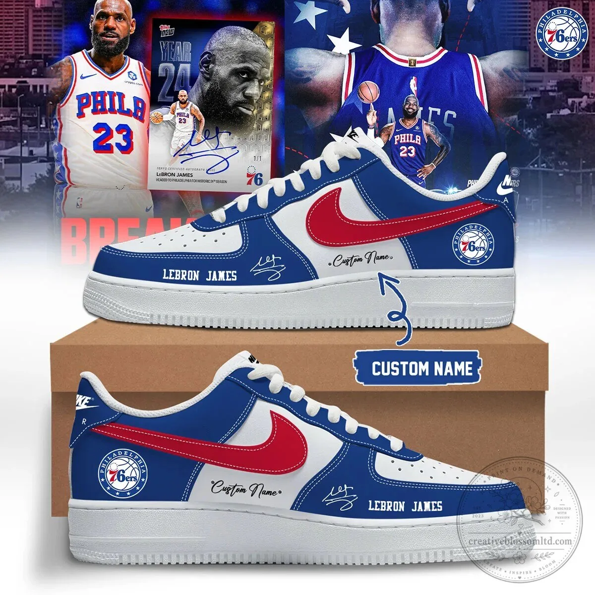 Custom Name Basketball Sneakers for LeBron James and Philadelphia 76ers