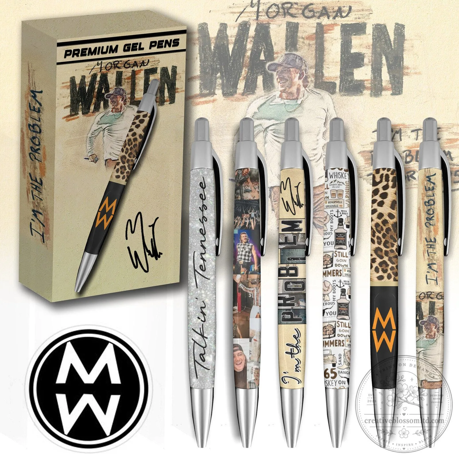 Morgan Wallen Country Music Gel Pen Set with Leopard Print and Song Lyrics