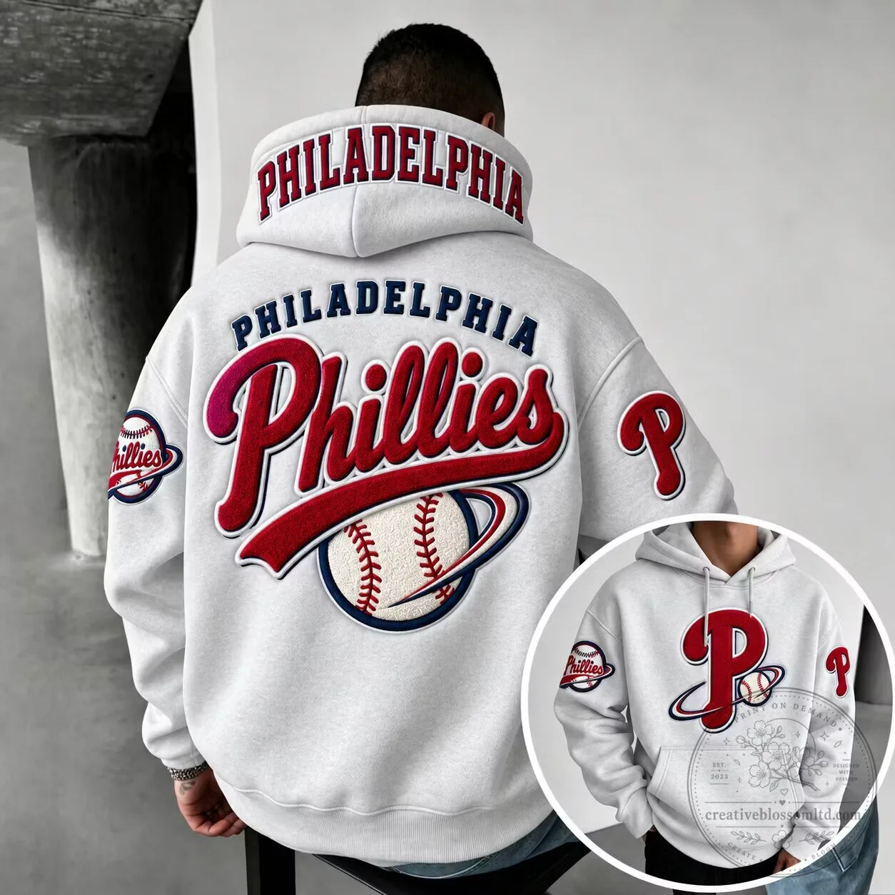Philadelphia Phillies Baseball Team Logo White Oversized Hoodie for Men and Women 2 Philadelphia Phillies Baseball Team Logo White Oversized Hoodie for Men and Women
