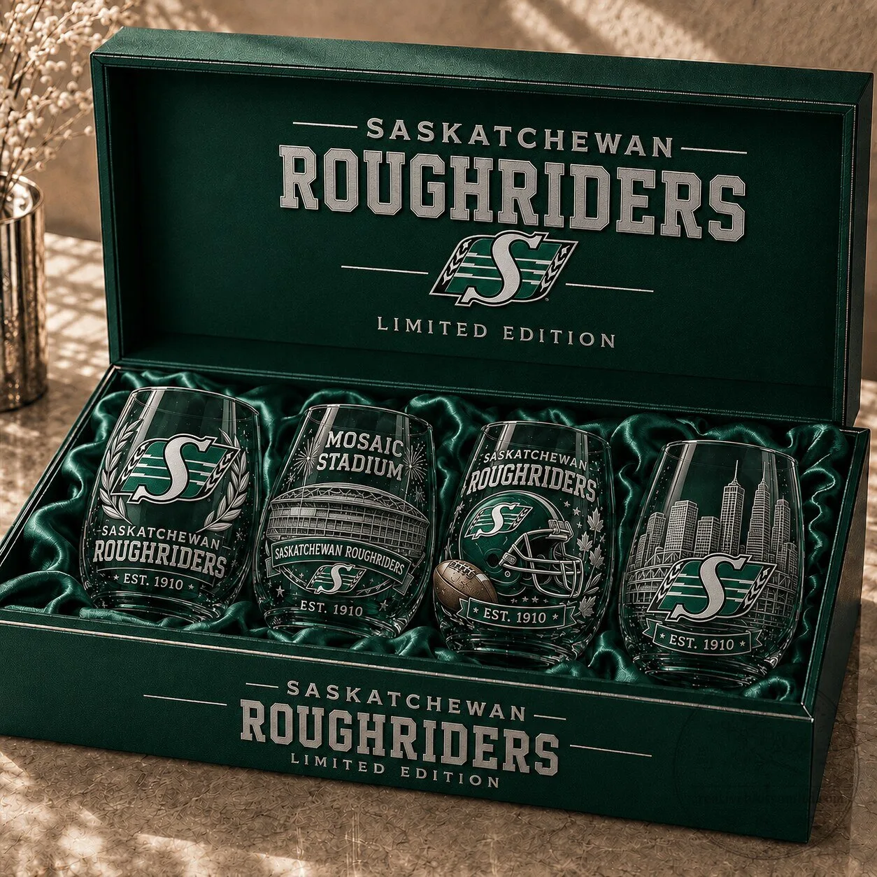 Saskatchewan Roughriders CFL Football Team Stemless Wine Glass Set