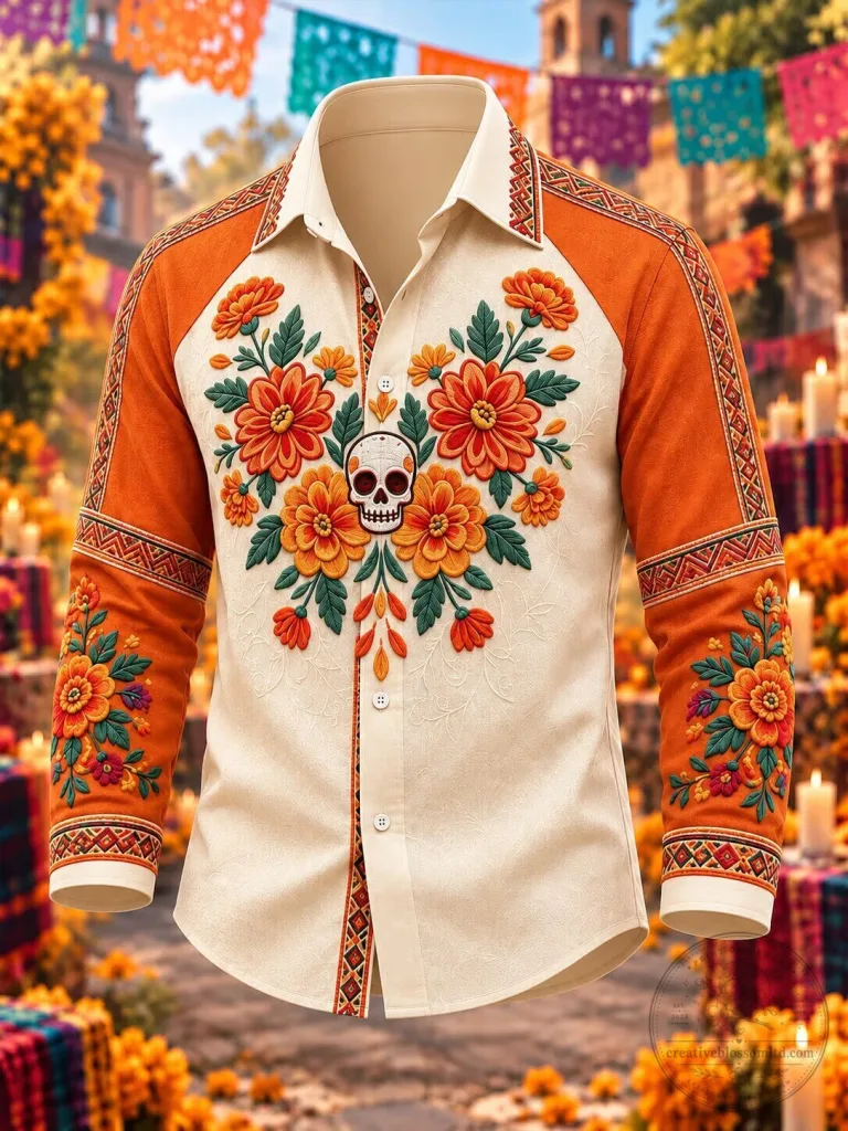 Day of the Dead Floral Skull Embroidered Button Up Hawaiian Shirt