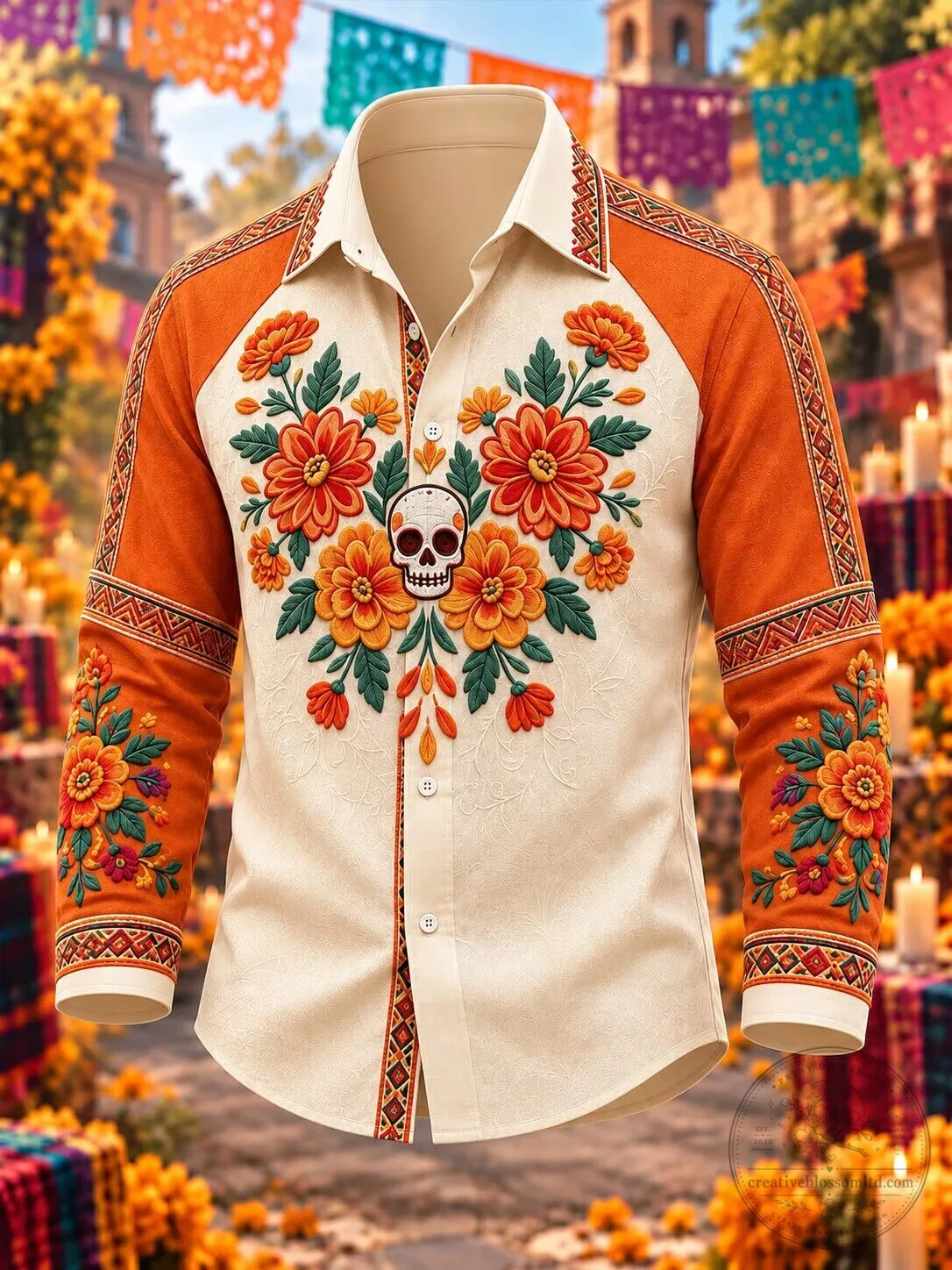 Day of the Dead Floral Skull Embroidered Button Up Hawaiian Shirt