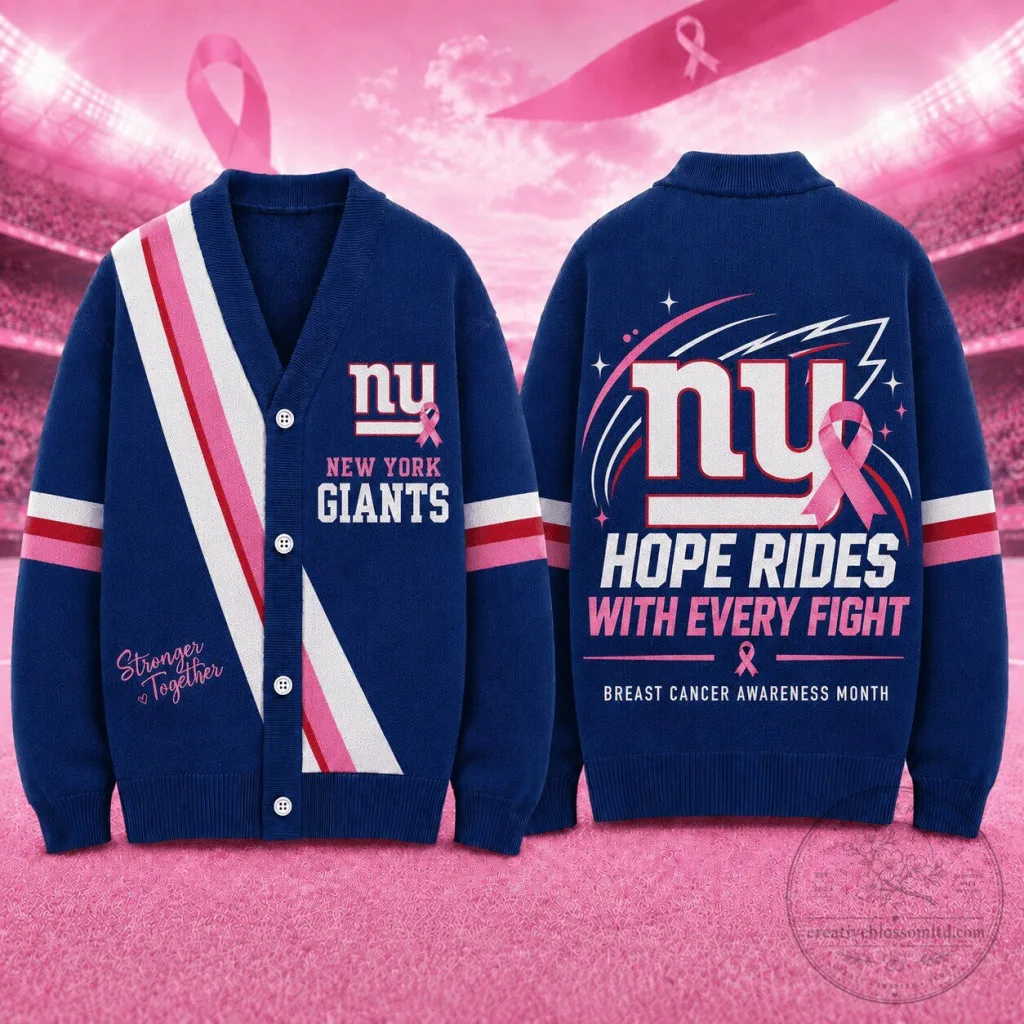 New York Giants NFL Breast Cancer Awareness Month Hope Rides With Every Fight Cardigan New York Giants NFL Breast Cancer Awareness Month Hope Rides With Every Fight Cardigan