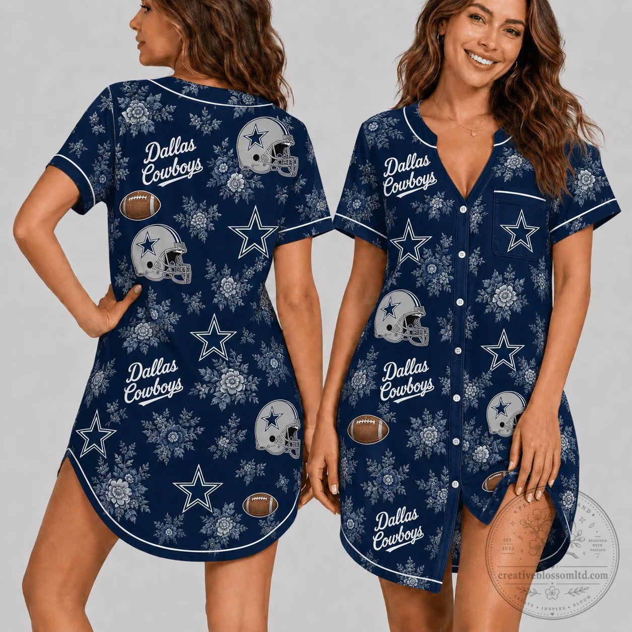 Dallas Cowboys Football Pattern Women's Button-Up Pajama Dress 1 Dallas Cowboys Football Pattern Women's Button-Up Pajama Dress