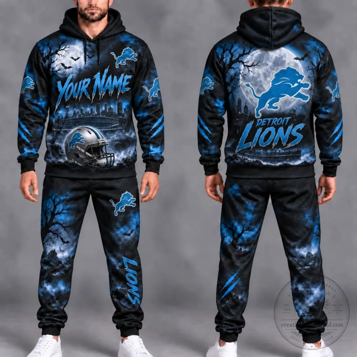 Detroit Lions Fan Personalized Moonlit Skyline Hoodie and Jogger Set