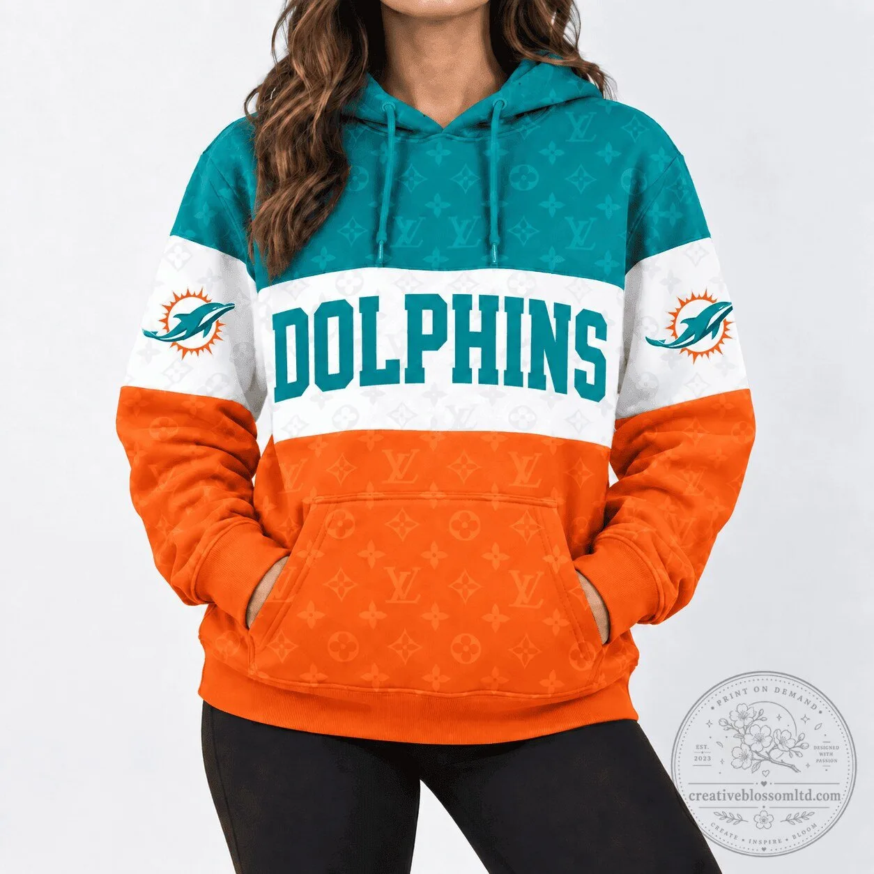 Miami Dolphins NFL Football Team Logo Monogram Style Pullover Hoodie