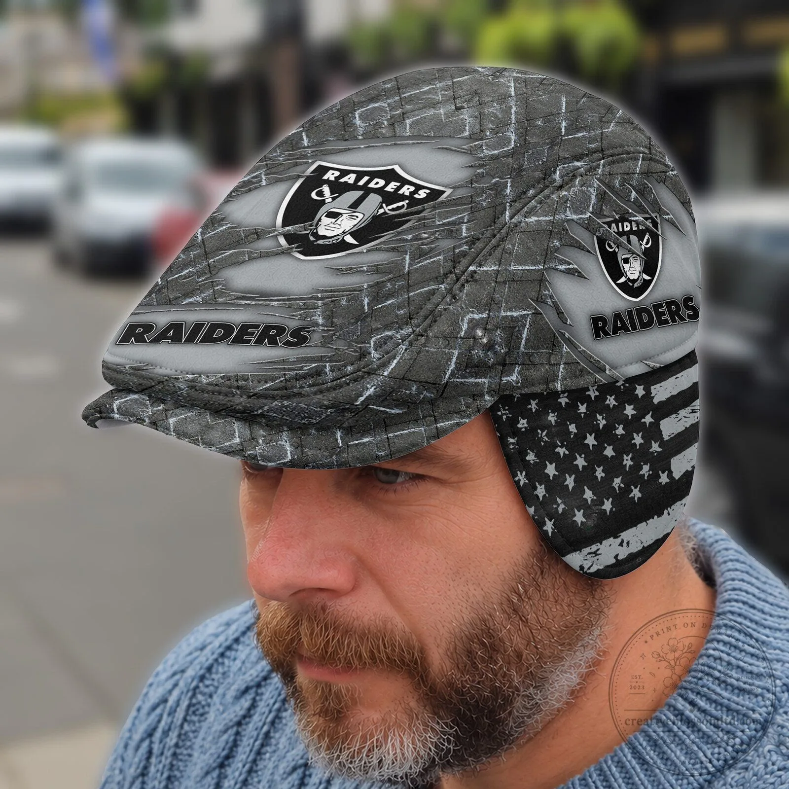 Las Vegas Raiders NFL Flat Cap with Foldable Ear Flaps and American Flag 9 Las Vegas Raiders NFL Flat Cap with Foldable Ear Flaps and American Flag