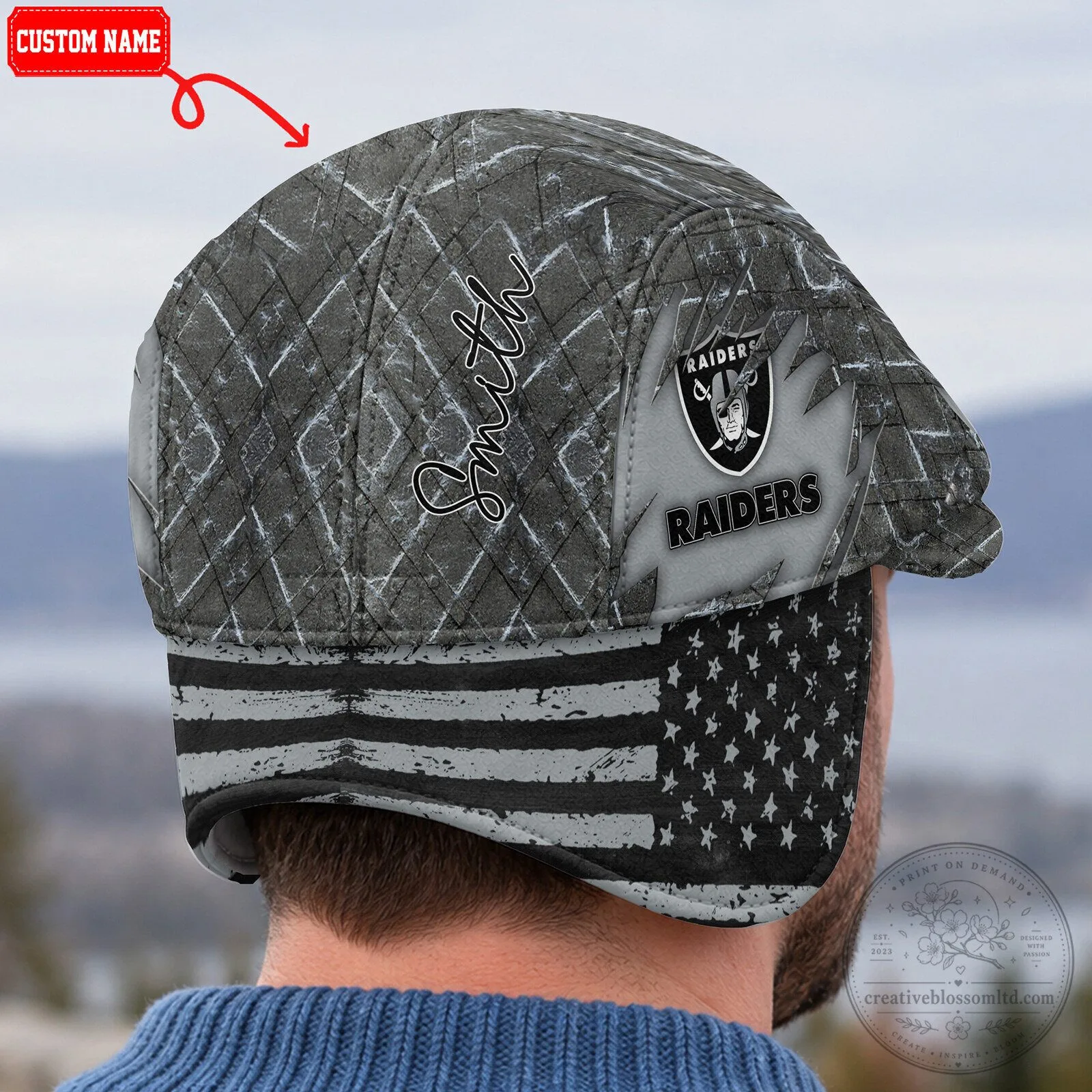 Las Vegas Raiders NFL Flat Cap with Foldable Ear Flaps and American Flag 12 Las Vegas Raiders NFL Flat Cap with Foldable Ear Flaps and American Flag