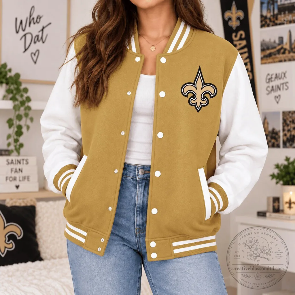 New Orleans Saints Varsity Bomber Jacket NFL Football Team Apparel New Orleans Saints Varsity Bomber Jacket NFL Football Team Apparel