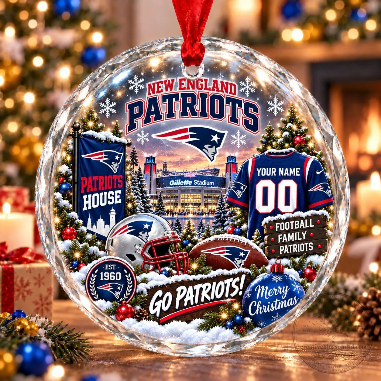 New England Patriots Christmas Stadium Snow Vibe Glass Ornament