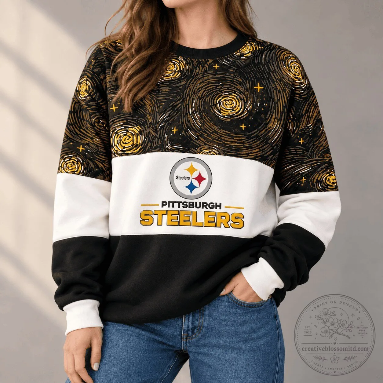Pittsburgh Steelers Starry Night Van Gogh Style NFL Team Color Block Sweatshirt