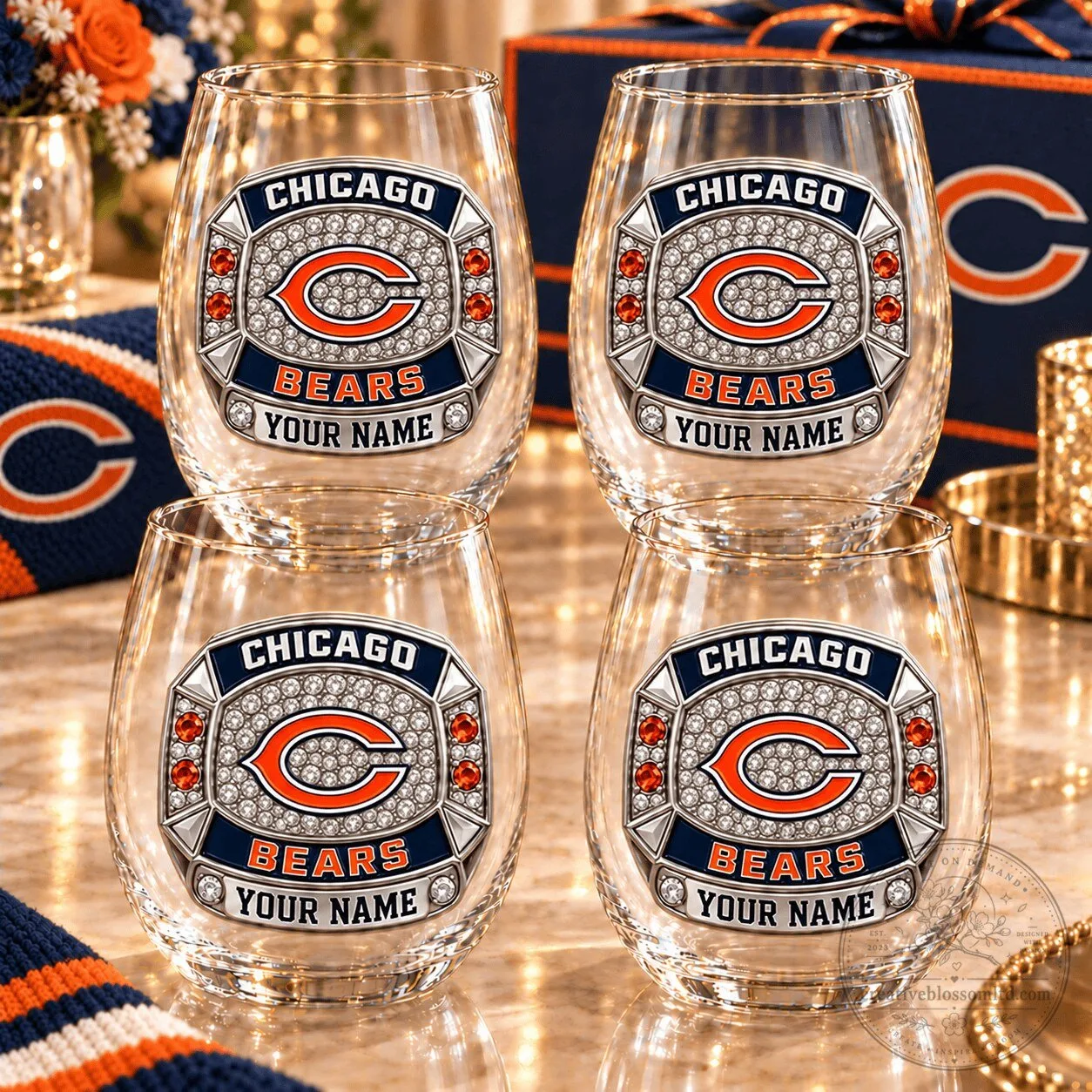 Chicago Bears Personalized Stemless Wine Glass Set of Four for Football Fans