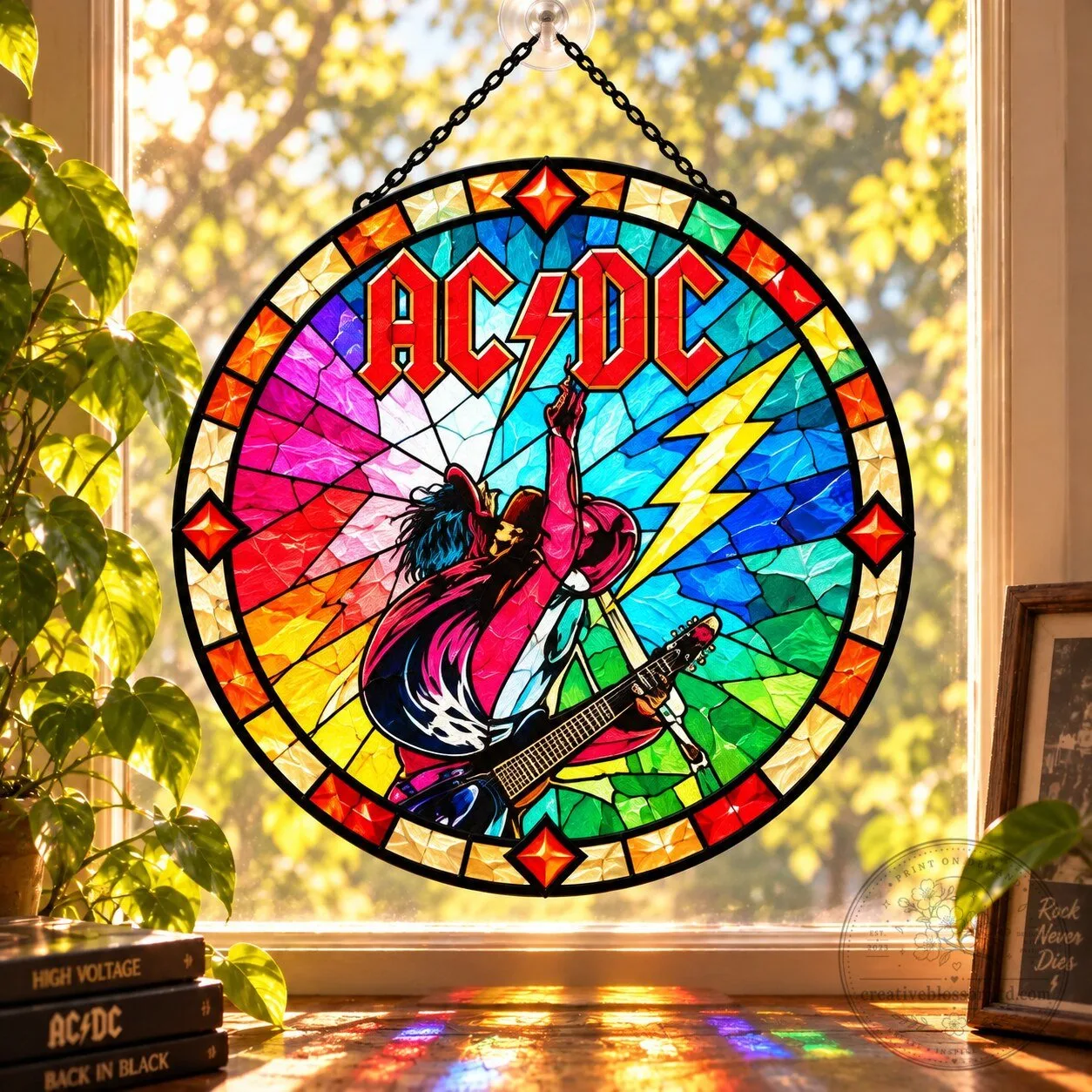 AC/DC Stained Glass Suncatcher, Classic Rock Band Window Hanging Decor