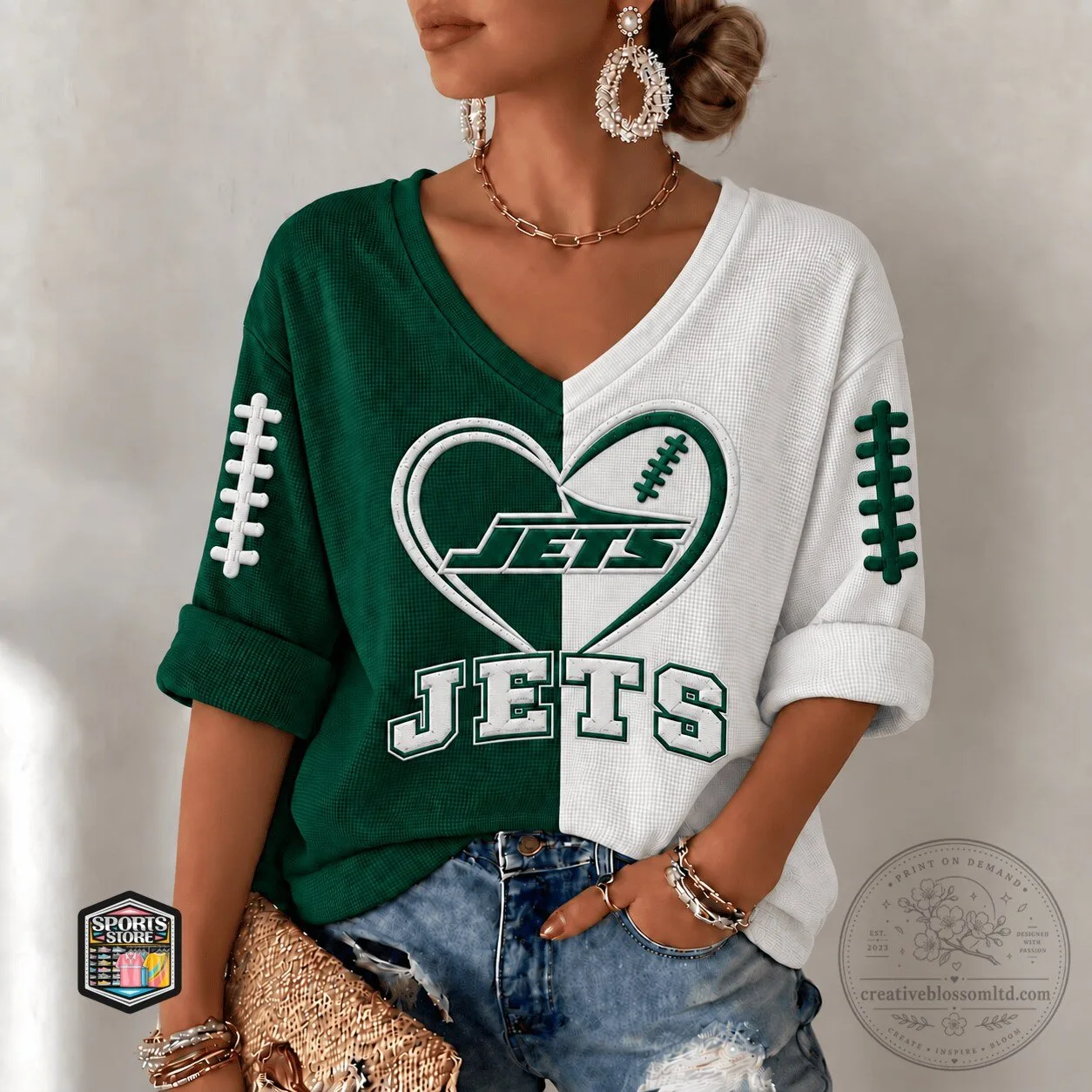 New York Jets Football Heart Split Color Long Sleeve V-Neck T-Shirt for Women 1 New York Jets Football Heart Split Color Long Sleeve V-Neck T-Shirt for Women