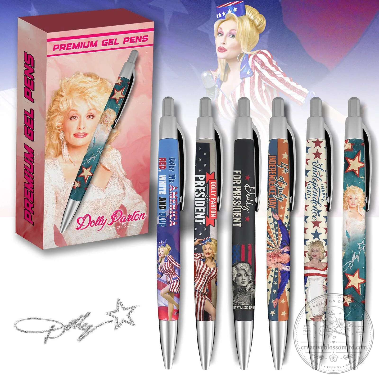 Dolly Parton Premium Gel Pens Set, Red White and Blue Independence Day Collection