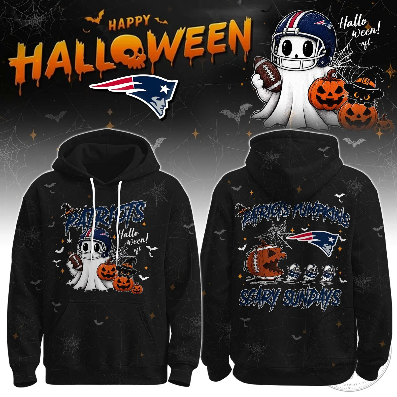 New England Patriots Halloween Ghost Football Player Pumpkins Hoodie 1 New England Patriots Halloween Ghost Football Player Pumpkins Hoodie