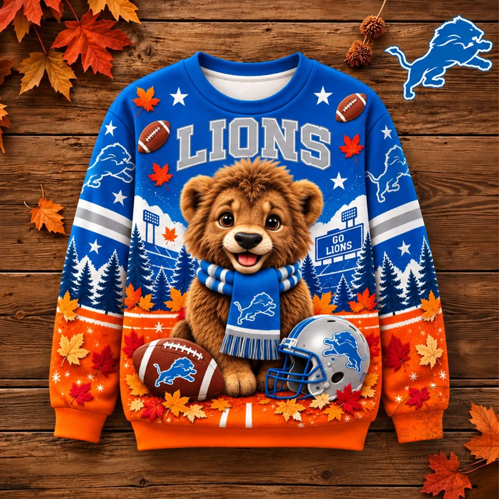 Detroit Lions Football Team Mascot Autumn Leaves Ugly Christmas Sweater