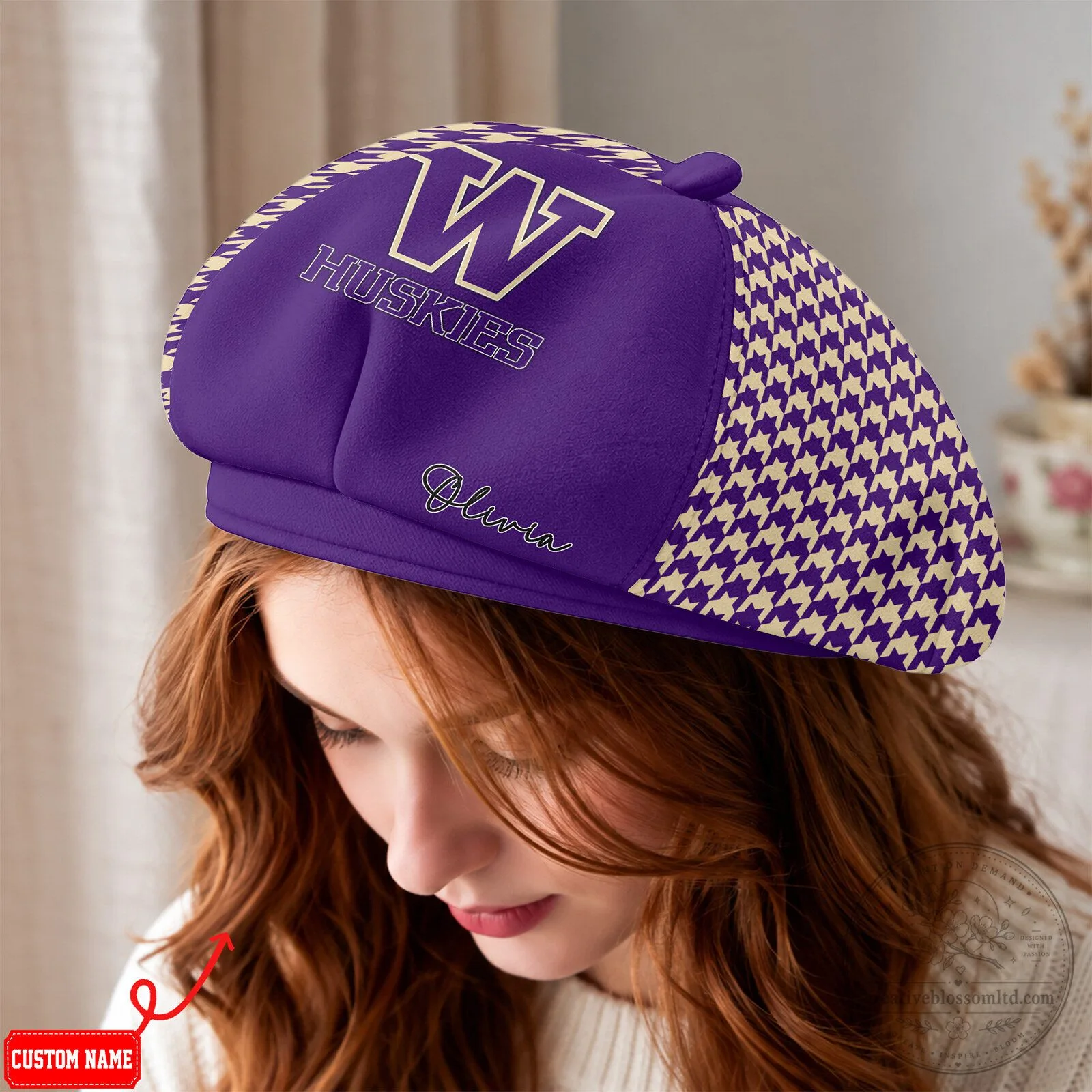 Washington Huskies Houndstooth Pattern Personalized Beret Hat