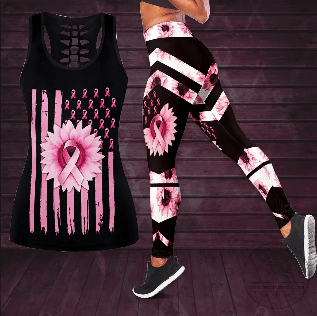 Breast Cancer Awareness Pink Ribbon Sunflower Tank Top and Leggings Set