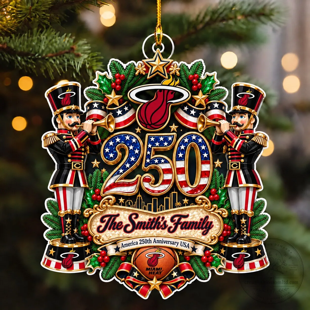 Miami Heat Basketball Team America 250th Anniversary Custom Family Name Ornament