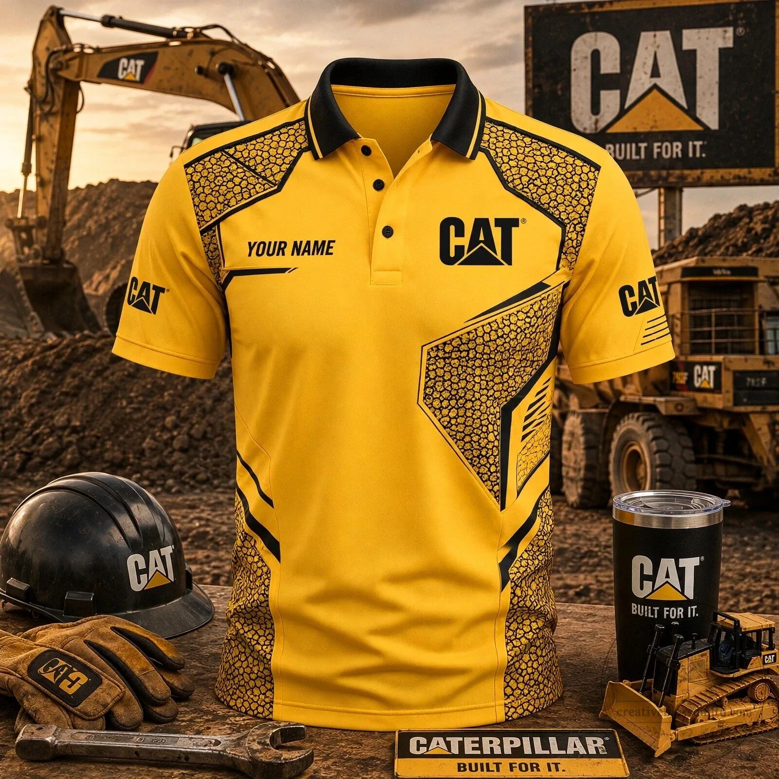 Caterpillar Heavy Equipment Construction Company Yellow Polo Shirt