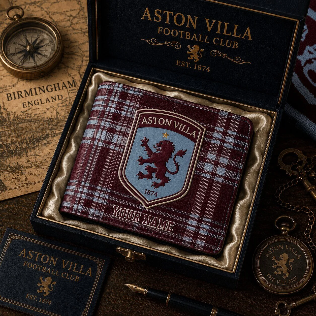Aston Villa Football Club Plaid Pattern Personalized Custom Name Wallet