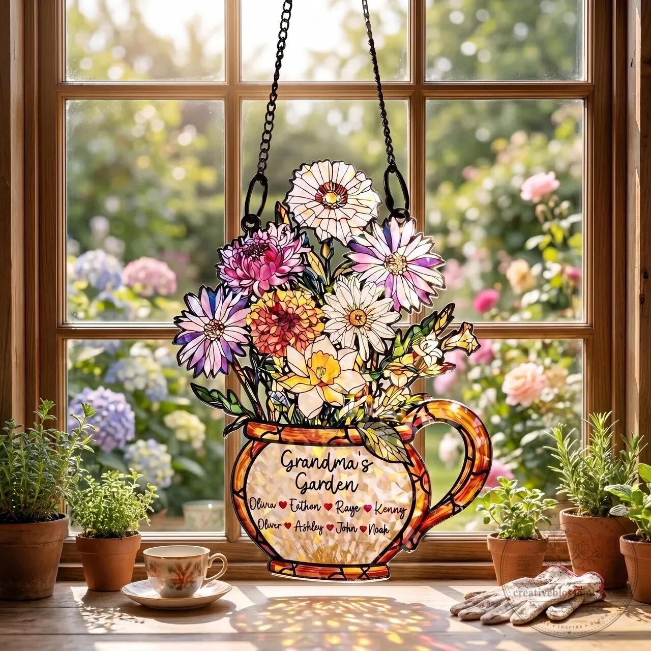 Grandma's Garden Birth Flower Personalized Stained Glass Suncatcher