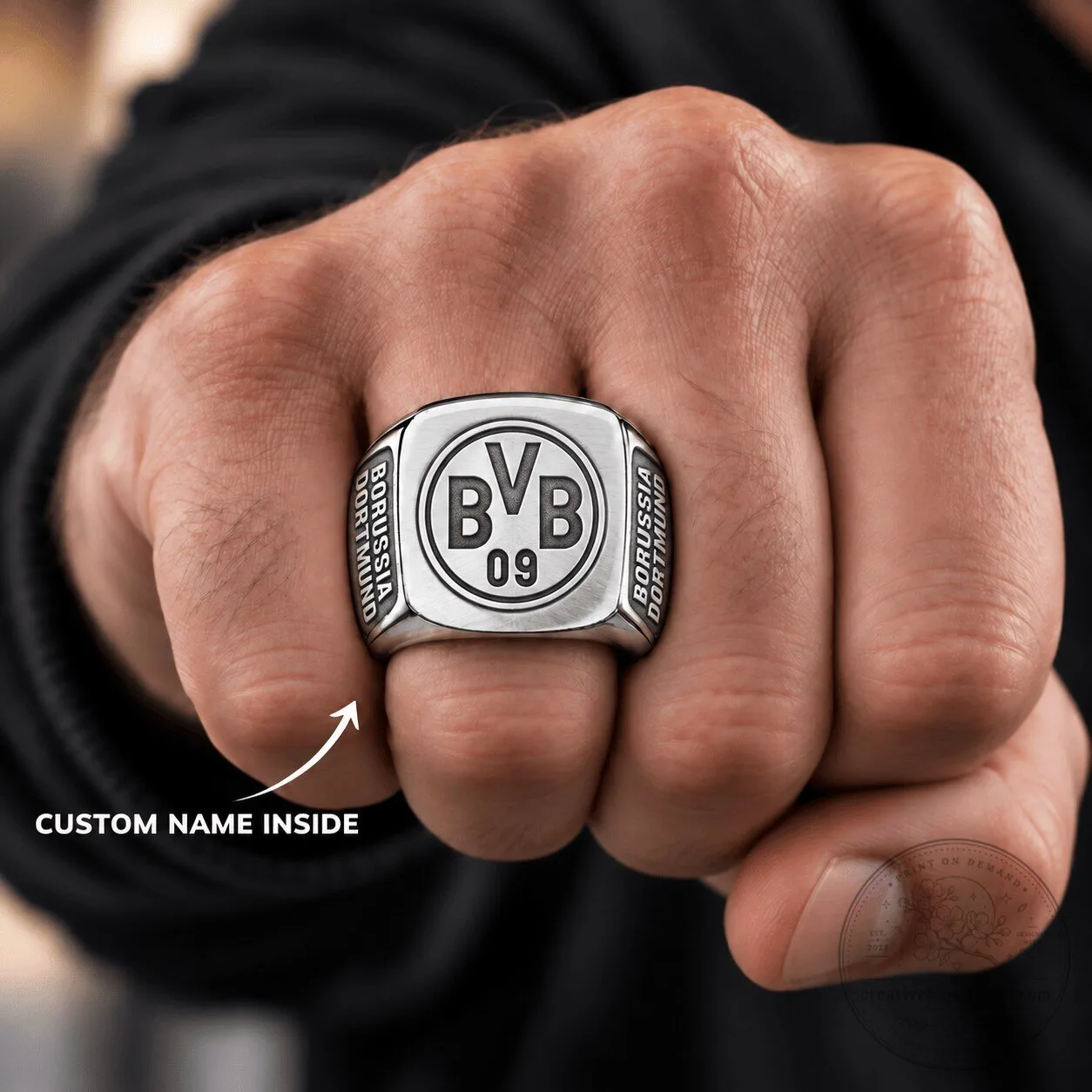 Borussia Dortmund Football Club Bundesliga Silver Ring with Custom Engraving