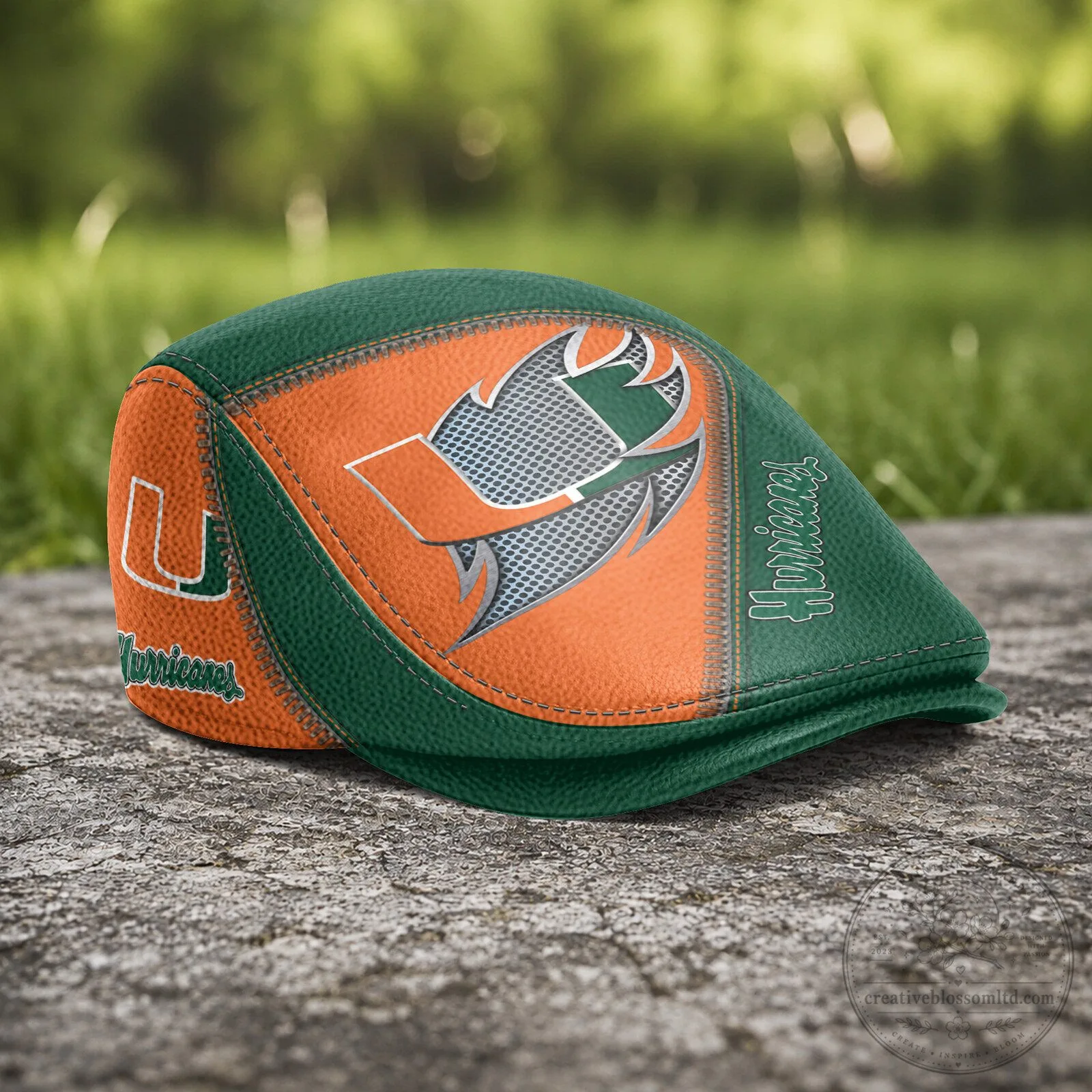 Miami Hurricanes NCAA Football Team Logo Green Orange Flat Cap Hat