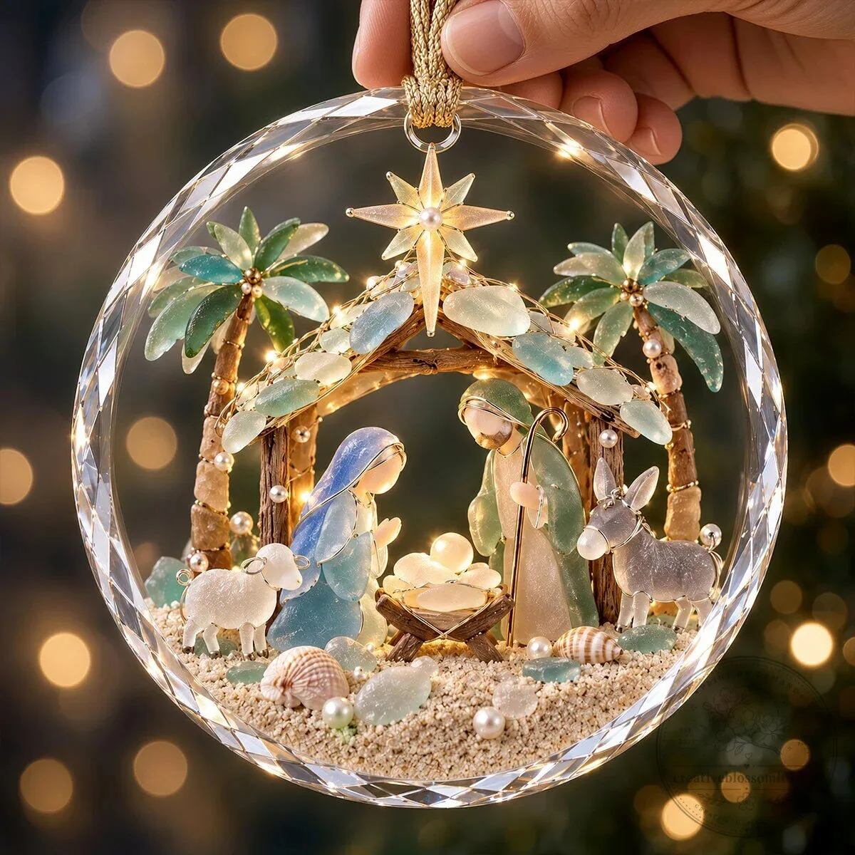 Holy Nativity Scene Sea Glass Crystal Christmas Ornament