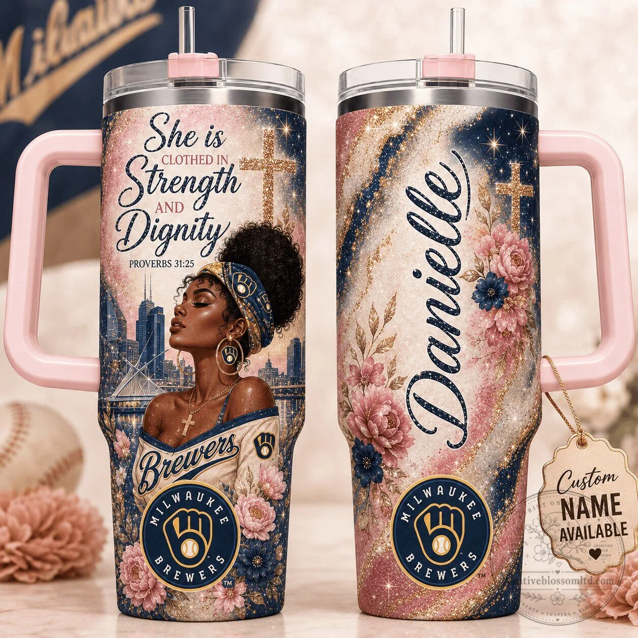 Milwaukee Brewers Baseball Personalized Christian Strength and Dignity Tumbler