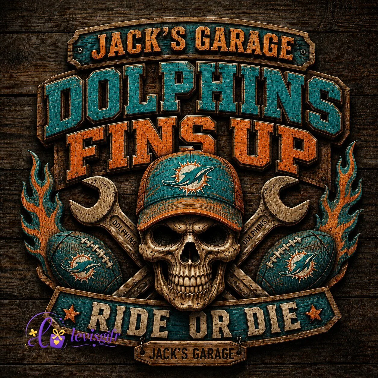 Miami Dolphins Football Skull Garage Wooden Sign for Men and Women Fans