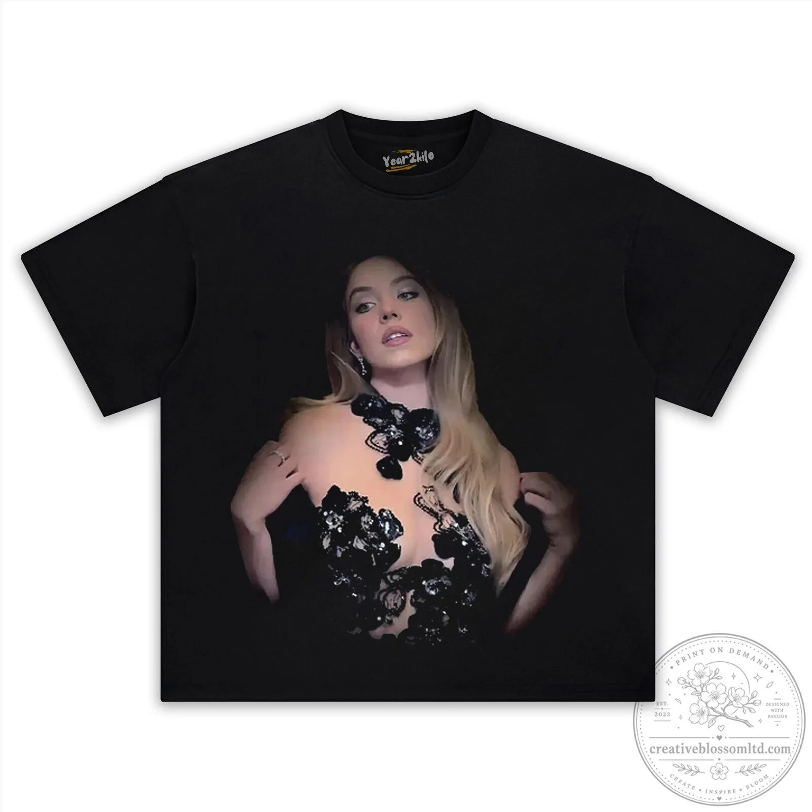 Sydney Sweeney Black Floral Dress Portrait T-Shirt