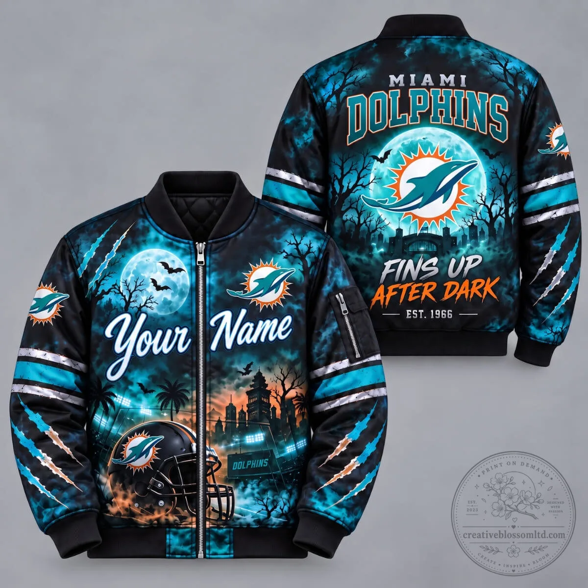 Miami Dolphins Football Full Moon After Dark Personalized Bomber Jacket